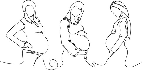 Pregnant women. Line art happy motherhood. Vector illustration set health pregnant