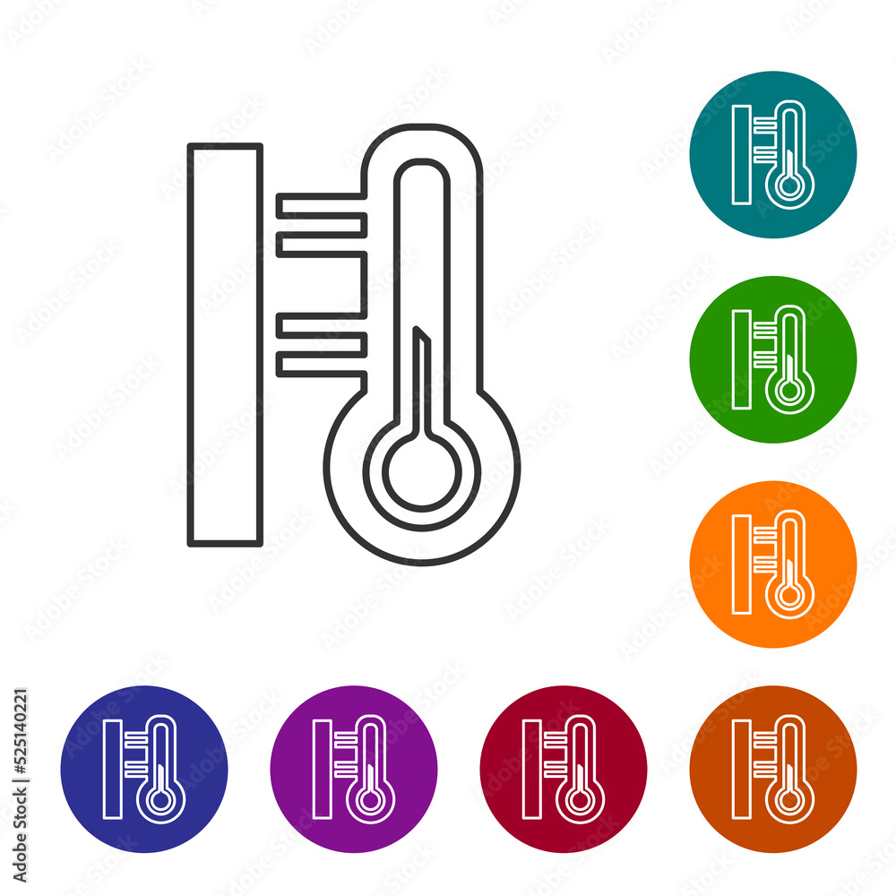 Poster black line meteorology thermometer measuring icon isolated on white background. thermometer equipmen