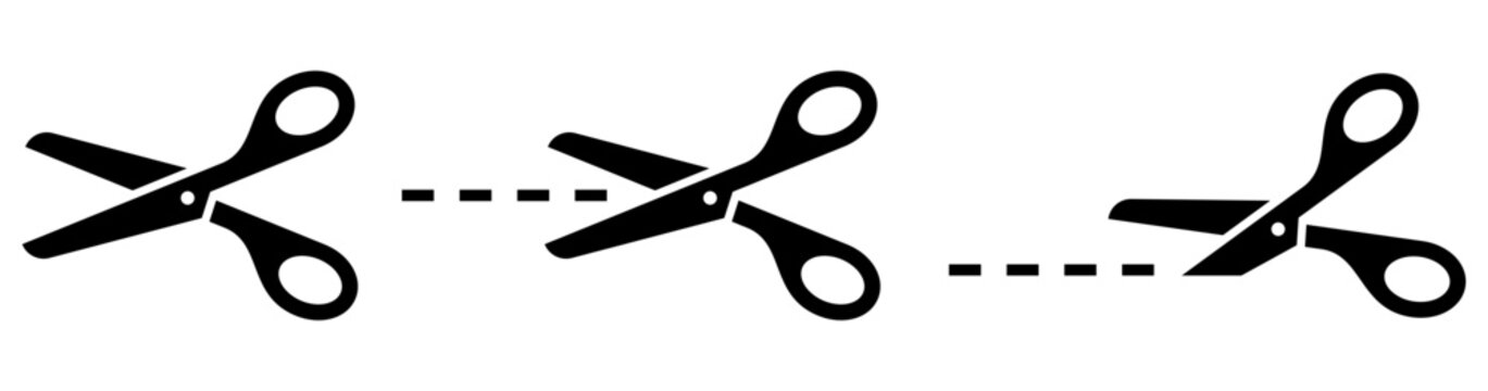 Scissors with cut lines symbols isolated on white background. Scissors icons set. Vector illustration