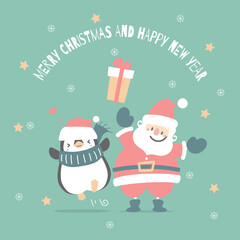 merry christmas and happy new year with cute santa claus and penguin in the winter season green background, flat vector illustration cartoon character costume design