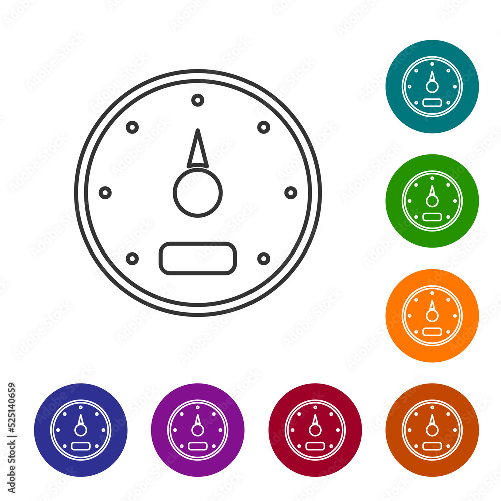 Poster black line speedometer icon isolated on white background. set icons in color circle buttons. vector