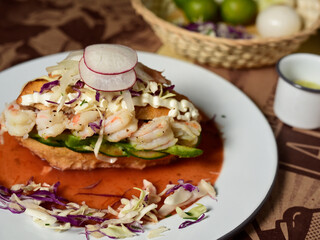 mexican torta ahogada with shrimps