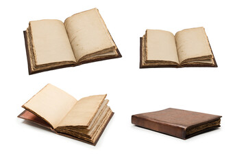 An open empty old notebook isolated on a white background.