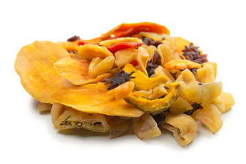 Mix of dried exotic fruit, mangos,slices of pineapples, passion fruit, papaya.