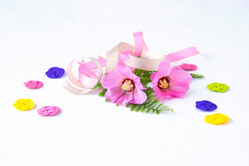 ピンクの美しい芙蓉の花のブーケとカラフルな水引（白バック）