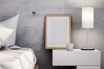 Frame and lamp on table near bed. 3d render
