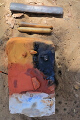 Utensils for preparing pigments-Australian Aboriginal painting-minerals and crushing mallets....