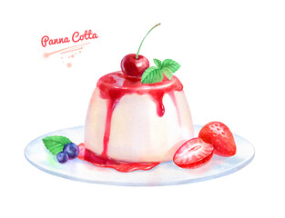Watercolor illustration of Panna Cotta dessert on plate