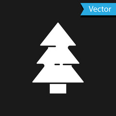 White Christmas tree icon isolated on black background. Merry Christmas and Happy New Year. Vector