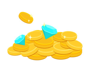 Pile of gold coins with diamonds. Cartoon golden coins vector illustration. Pile of pirate treasure