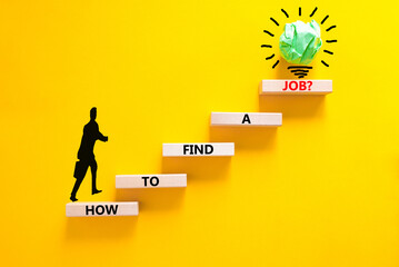 How to find a job symbol. Concept words How to find a job on wooden blocks on a beautiful yellow table yellow background. Businessman icon. Business and how to find a job concept. Copy space.