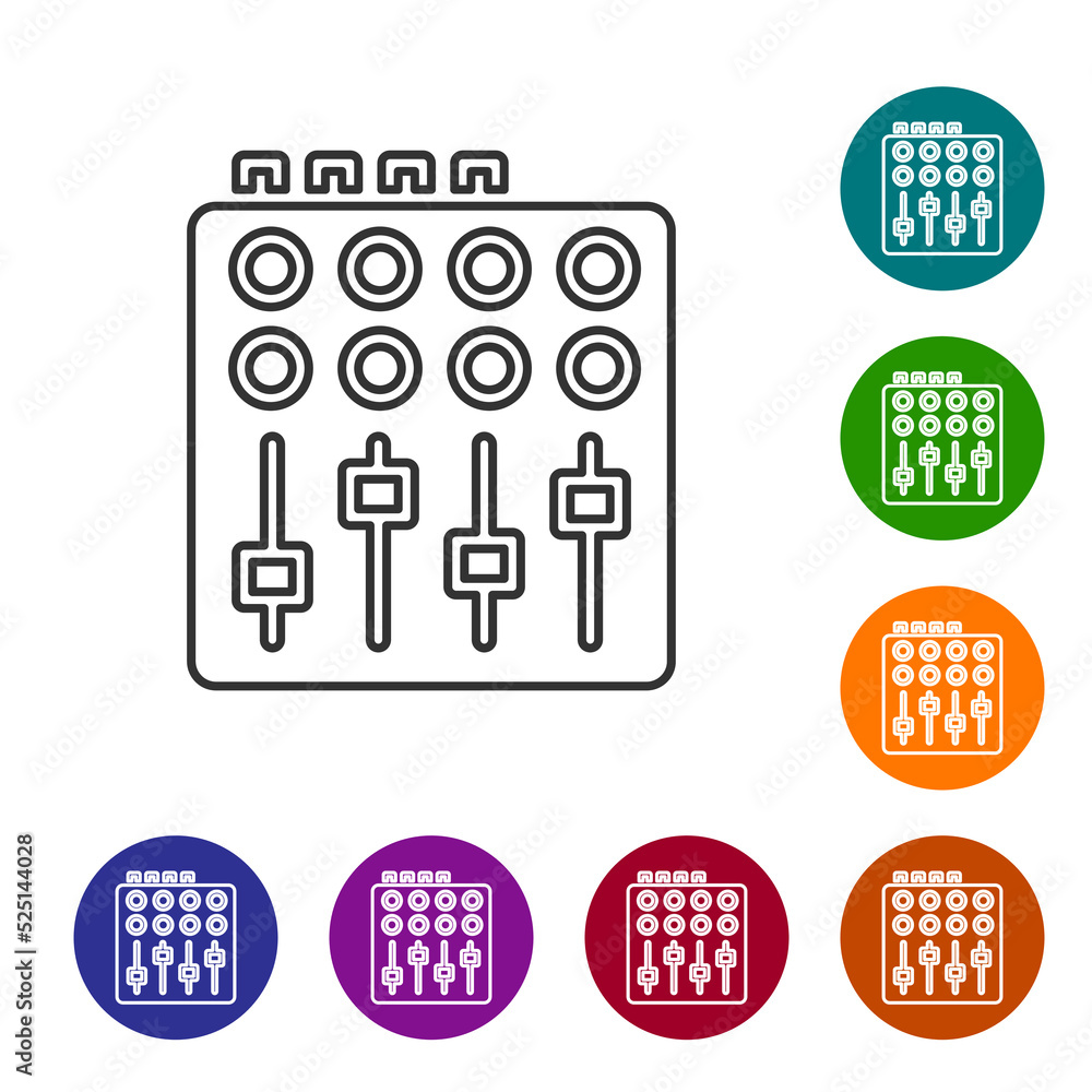 Poster black line sound mixer controller icon isolated on white background. dj equipment slider buttons. mi