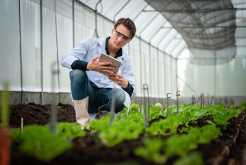 Portrait of handsome agricultural researcher holding tablet while working on research at plantation in industrial greenhouse