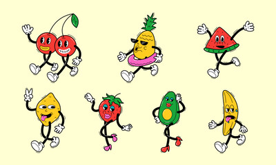 Set of cartoon characters fruits and berries in retro style. Cherry and strawberry, pineapple and avocado. Vector stock illustration.