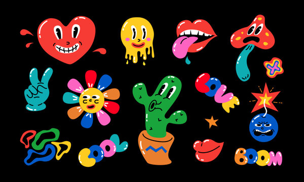 Fototapeta Set of colorful cartoon characters and inscriptions on a black background in retro style. Vector stock illustration.