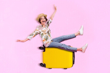 Creative 3d collage graphics image postcard poster of happy funny funky lady sit suitcase ready...
