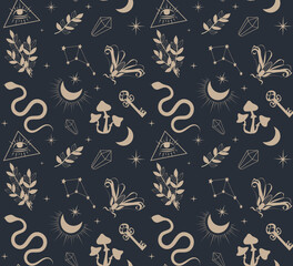 Seamless Magic Pattern with snake, butterfly, moon, floral elements. Doodle esoteric, boho mystical hand drawn elements. Magic and witchcraft, witch esoteric alchemy. Icons set. Vector illustration.