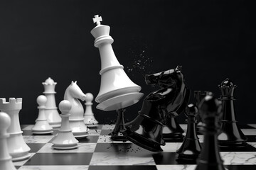 king chess fight with the Chess Horse on board. 3d illustration