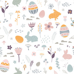 Easter bunny, chicken eggs and hand drawing floral elements. Festive pastel seamless pattern. Vector