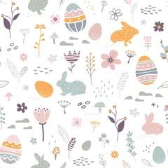 Foto op Canvas Easter bunny, chicken eggs and hand drawing floral elements. Festive pastel seamless pattern. Vector © yucatana