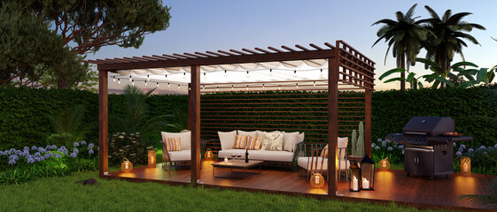 3D render of luxury teak deck in garden with grill