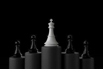 King chess wins chess pawn on black background. 3d illustration.