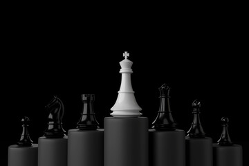 Business concept design with white and black chess pieces on black background. 3D illustration
