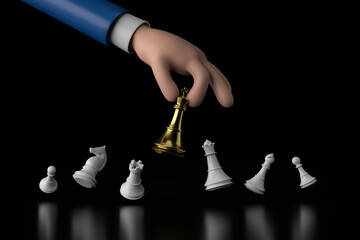 Hand holding glod King chess and white chess pawn. 3d illustration.