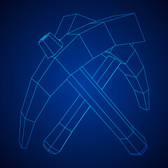 Pickaxe for extraction. Miners hand tool. Wireframe vector illustration