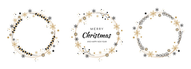 Merry Christmas and New Year wreath with black and golden ornaments. Postcard festive design announcements invitation posters. Winter garland isolated on white background