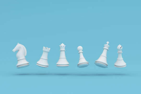 White chess pieces on blue blackground. 3d illustration