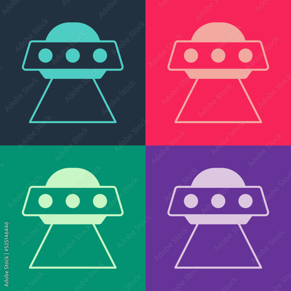 Poster pop art ufo flying spaceship icon isolated on color background. flying saucer. alien space ship. fut