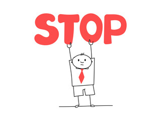 A man with a tie holds a banner with a large red STOP sign. Conceptual simple vector outline illustration about a protesting man.
