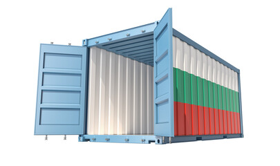 Fototapeta premium Cargo Container with open doors and Bulgaria national flag design. 3D Rendering