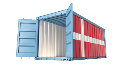 Cargo Container with open doors and Denmark national flag design. 3D Rendering