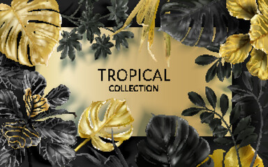 Vector frame with gold tropical leaves - 525146816