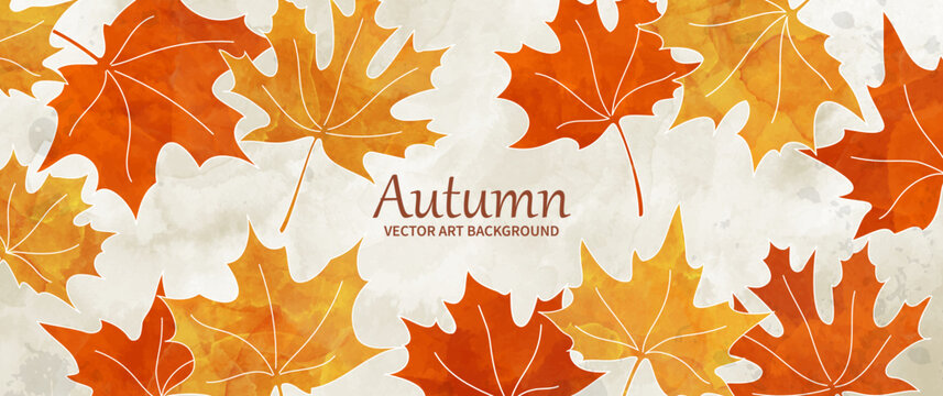Autumn foliage vector watercolor background. Maple leaves. Hand drawn fall wallpaper design for cards, flyers, poster, banner, cover design, invitation cards, prints, and wall art. Back to school. 