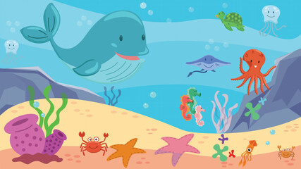 Naklejka na ściany i meble Underwater , marine life scene. Ocean with corals, turtle, whale, jellyfish, octopus, shark, aquatic vector illustration