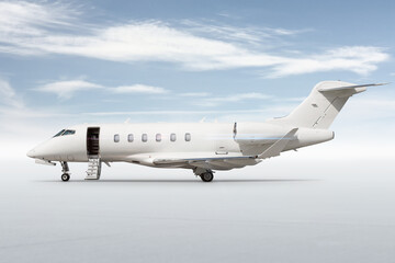Modern white corporate jetliner with an opened gangway door isolated on bright background with sky