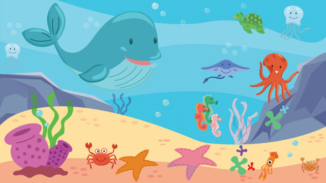  Underwater , marine life scene. Ocean with corals, turtle, whale, jellyfish, octopus, shark, aquatic vector illustration