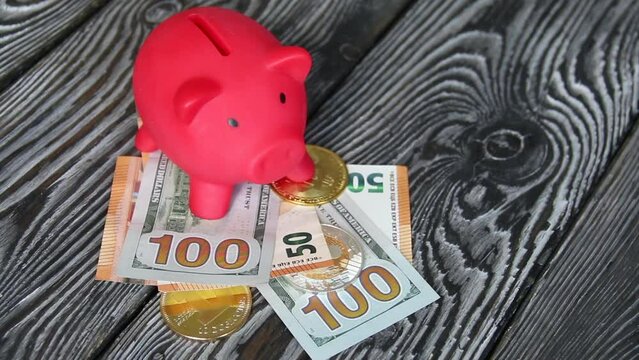 Piggy bank among dollar and euro banknotes. Cryptocurrency coins are visible. Multicurrency savings. Risk while saving money. On pine boards.