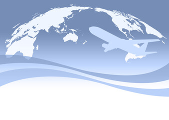 アジア中心の世界地図と飛行機、旅行やビジネス、輸出入等へ