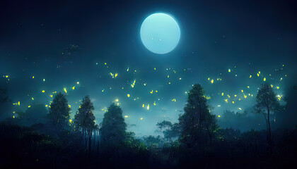 Fototapeta na wymiar Fireflies, night forest landscape. Digital painting, 4k, high quality. Insects in forest at night. Tall trees, grass, yellow lights. Beautiful scenery, high quality firefly