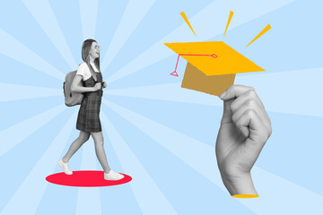 Surreal graphics collage of teen school lady step forward winning target mortarboard degree...