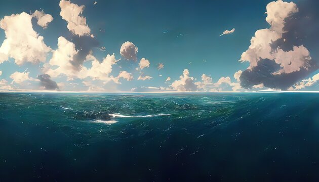 Ocean drone view, bird view. Sky view from the sea, lake, with an island, shore in the distance. Digital painting, 4k, landscape. Anime manga, cartoon style. Sunny day, blue sky with clouds and water.