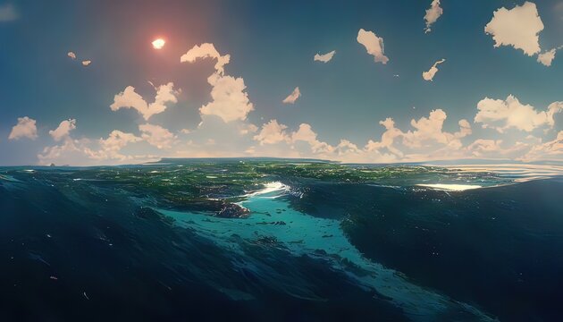Ocean drone view, bird view. Sky view from the sea, lake, with an island, shore in the distance. Digital painting, 4k, landscape. Anime manga, cartoon style. Sunny day, blue sky with clouds and water.