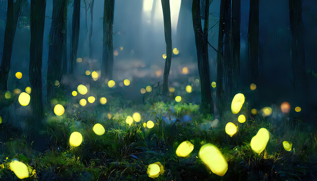 Fireflies, night forest landscape. Digital painting, 4k, high quality. Insects in forest at night. Tall trees, grass, yellow lights. Beautiful scenery, high quality firefly