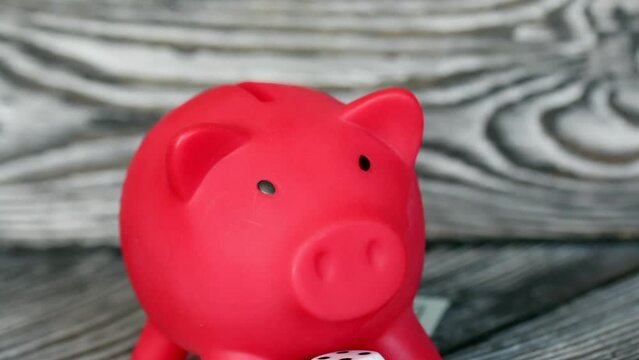 Piggy bank among dollar and euro banknotes. Cryptocurrency coins are visible. Multicurrency savings. Risk while saving money. With camera up.