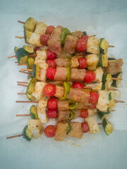 Fish and vegetable skewers, close-up