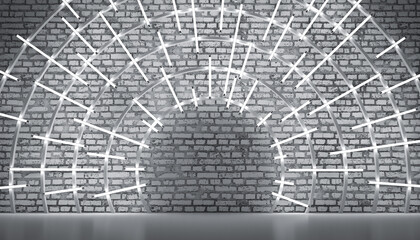 Obraz premium Gray brick wall background, bright lamps in a circle from the center, stage product display, 3d render